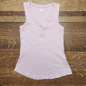 Lands End Womens XS Pink Ribbed Cotton Henley Tank Top Sleeveless Curved Hem F75